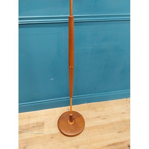 182 - Mid century teak and copper standard lamp with cloth shade. {107 cm H x 30 cm Dia.}.