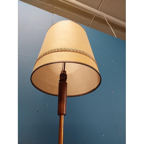 182 - Mid century teak and copper standard lamp with cloth shade. {107 cm H x 30 cm Dia.}.