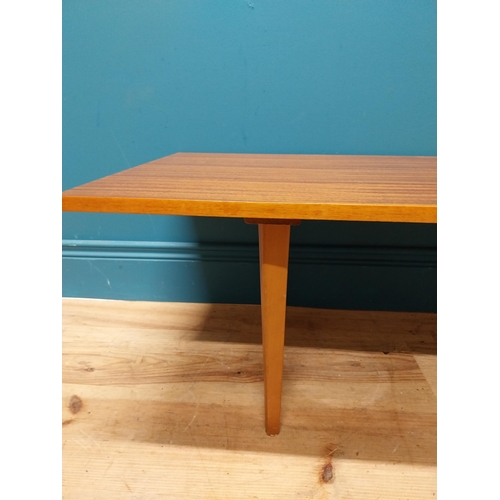 189 - Mid Century teak coffee table on square tapered legs. {34 cm H x 138 cm W x 46 cm D}.