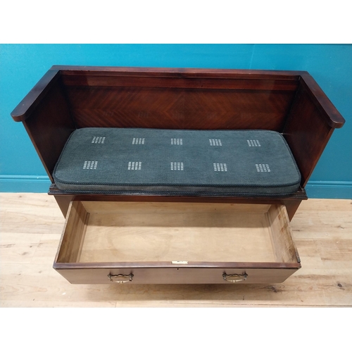 19 - Edwardian mahogany hall bench with single drawer underneath with upholstered seat and brass handles.... 