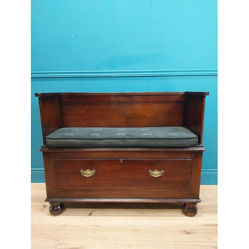 19 - Edwardian mahogany hall bench with single drawer underneath with upholstered seat and brass handles.... 