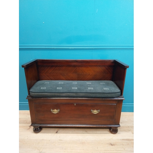 19 - Edwardian mahogany hall bench with single drawer underneath with upholstered seat and brass handles.... 