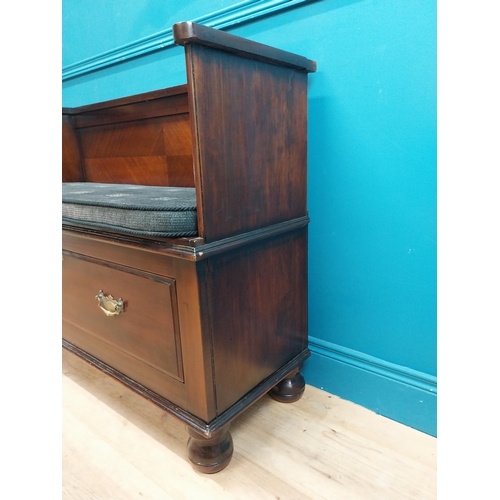 19 - Edwardian mahogany hall bench with single drawer underneath with upholstered seat and brass handles.... 