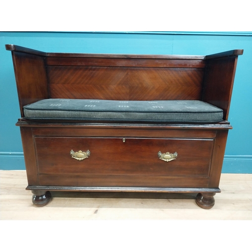 19 - Edwardian mahogany hall bench with single drawer underneath with upholstered seat and brass handles.... 