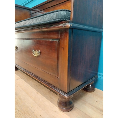 19 - Edwardian mahogany hall bench with single drawer underneath with upholstered seat and brass handles.... 