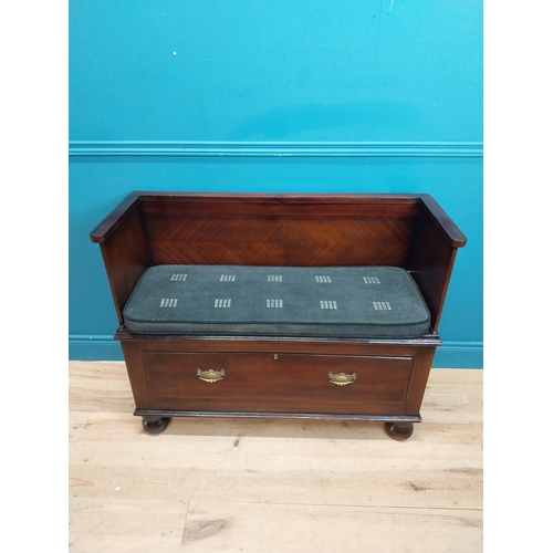 19 - Edwardian mahogany hall bench with single drawer underneath with upholstered seat and brass handles.... 