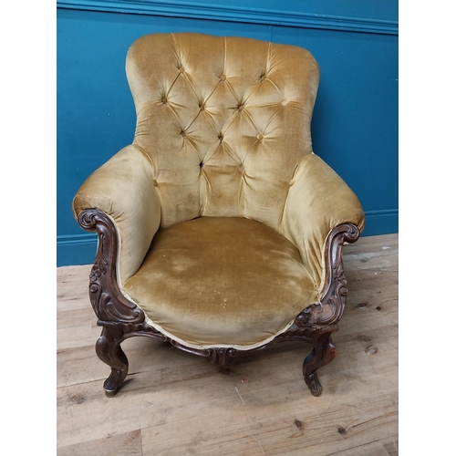 213 - 19th C. carved mahogany and upholstered armchair with shaped legs with brass feet. {92 cm H x 79 cm ... 