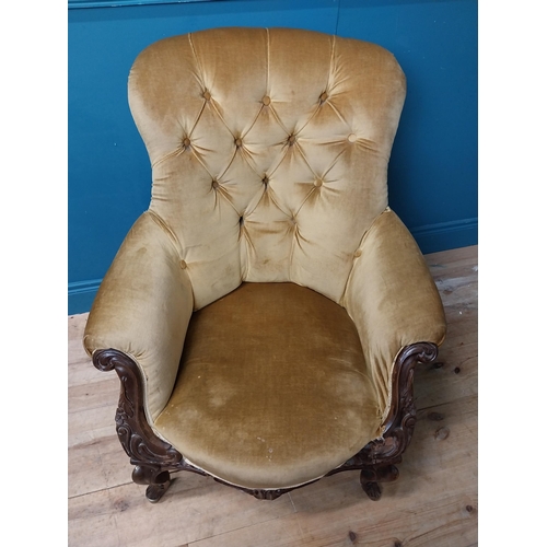 213 - 19th C. carved mahogany and upholstered armchair with shaped legs with brass feet. {92 cm H x 79 cm ... 