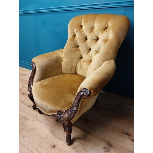 213 - 19th C. carved mahogany and upholstered armchair with shaped legs with brass feet. {92 cm H x 79 cm ... 