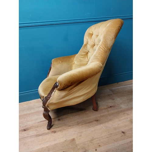 213 - 19th C. carved mahogany and upholstered armchair with shaped legs with brass feet. {92 cm H x 79 cm ... 