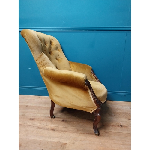 213 - 19th C. carved mahogany and upholstered armchair with shaped legs with brass feet. {92 cm H x 79 cm ... 