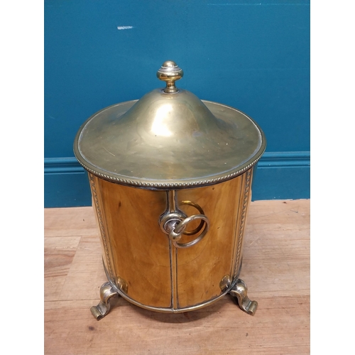 216 - Good quality brass lidded coal bucket with liner and handles on scrolled feet. {44cm H x 40 cm W x 3... 