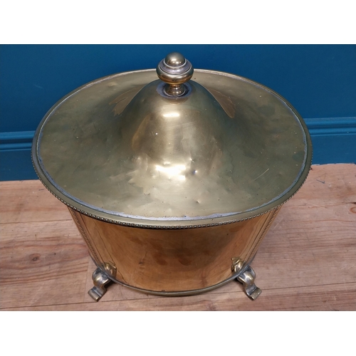 216 - Good quality brass lidded coal bucket with liner and handles on scrolled feet. {44cm H x 40 cm W x 3... 