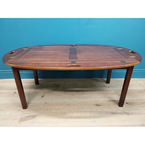 217 - Mahogany campaign coffee table. {53 cm H x 139 cm W  x 79 cm D}.