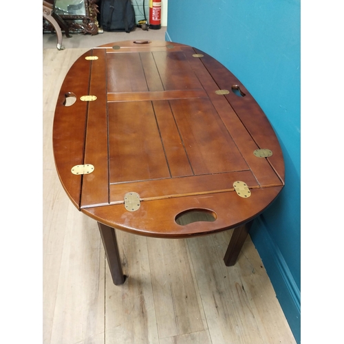 217 - Mahogany campaign coffee table. {53 cm H x 139 cm W  x 79 cm D}.