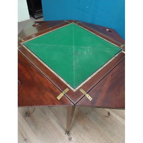 221 - 19th C. mahogany envelope card table with single drawer in frieze raised on tapered legs with caster... 