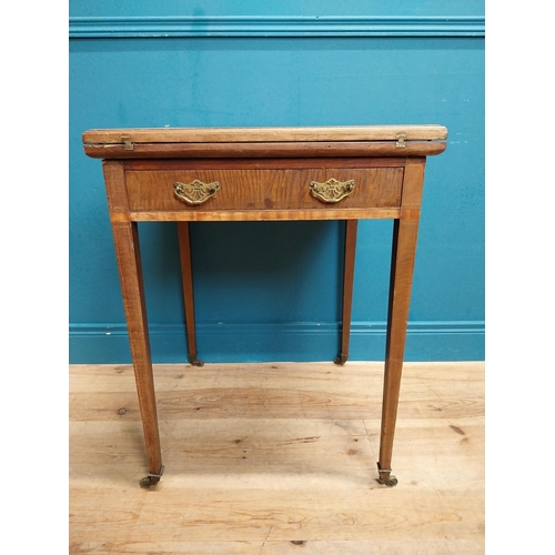 221 - 19th C. mahogany envelope card table with single drawer in frieze raised on tapered legs with caster... 