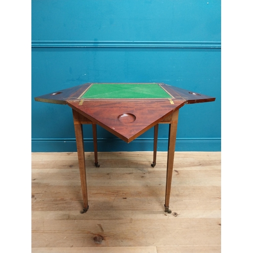 221 - 19th C. mahogany envelope card table with single drawer in frieze raised on tapered legs with caster... 