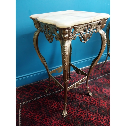 235 - Pair of brass lamp tables with Onyx tops in the Rocco style {80 cm H x 41 cm W x 41 cm D}.