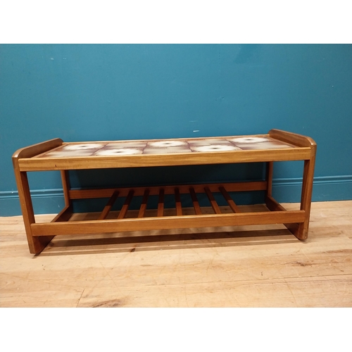 240 - Retro teak coffee table with inset tiled top. {43 cm H x 115 cm W x 45 cm D}.