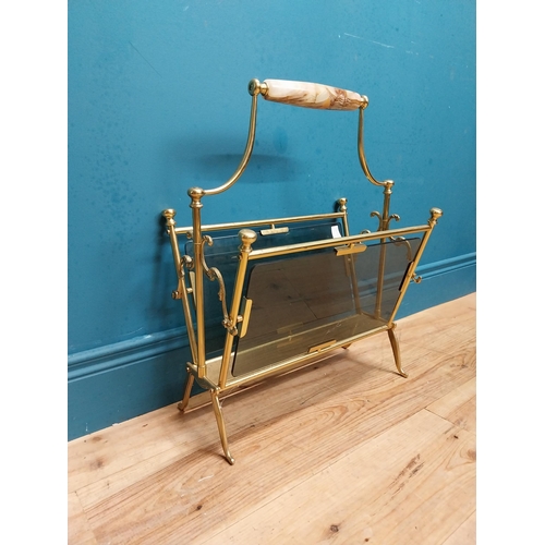 243 - Vintage brass and glass magazine rack with marbleised handle. {60 cm H x 50 cm W  x 28 cm D}.