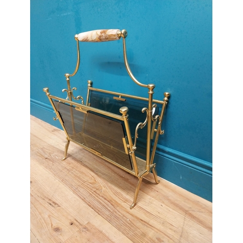 243 - Vintage brass and glass magazine rack with marbleised handle. {60 cm H x 50 cm W  x 28 cm D}.