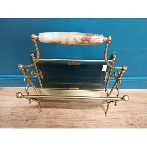 243 - Vintage brass and glass magazine rack with marbleised handle. {60 cm H x 50 cm W  x 28 cm D}.