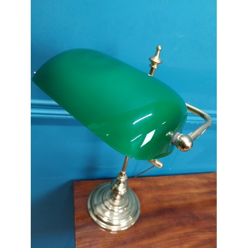 25 - Good quality brass banker's lamp with green glass shade. {49 cm H x 26 cm W x 32 cm W}.