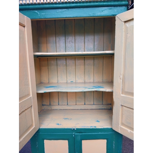 253 - Painted pine four door cupboard. {202 cm H x 100 cm W x 60 cm D}.