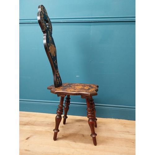 254 - 19th C mahogany and pokerwork spinning chair. {100 cm H x 32 cm W x 40 cm D}.