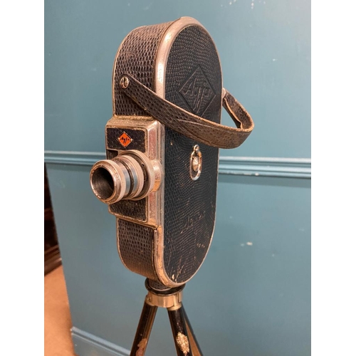 255 - 1950's Agfa camera on tripod stand with original leather case. {120 cm H}.