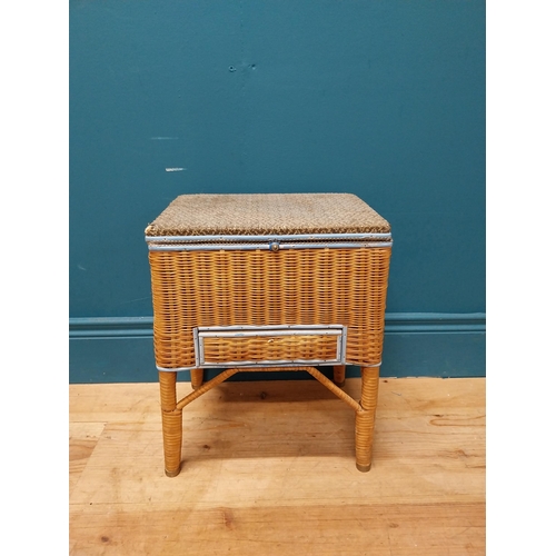 259 - 1950's wicker sewing box on stand. {40 cm H x 32 cm W x 24 cm D}.