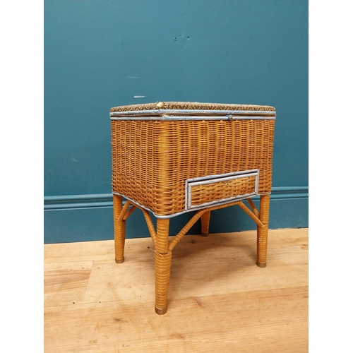 259 - 1950's wicker sewing box on stand. {40 cm H x 32 cm W x 24 cm D}.