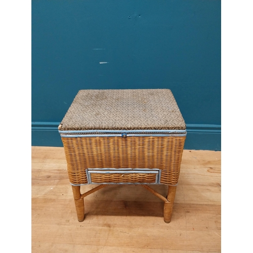 259 - 1950's wicker sewing box on stand. {40 cm H x 32 cm W x 24 cm D}.