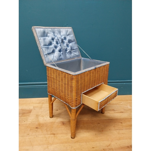 259 - 1950's wicker sewing box on stand. {40 cm H x 32 cm W x 24 cm D}.