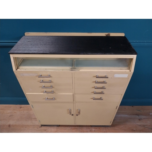 268 - 1950's painted pine Dentist's cabinet with two doors over eight short drawers. {110 cm H x 19 cm W x... 