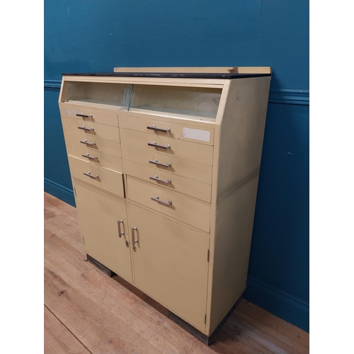 268 - 1950's painted pine Dentist's cabinet with two doors over eight short drawers. {110 cm H x 19 cm W x... 