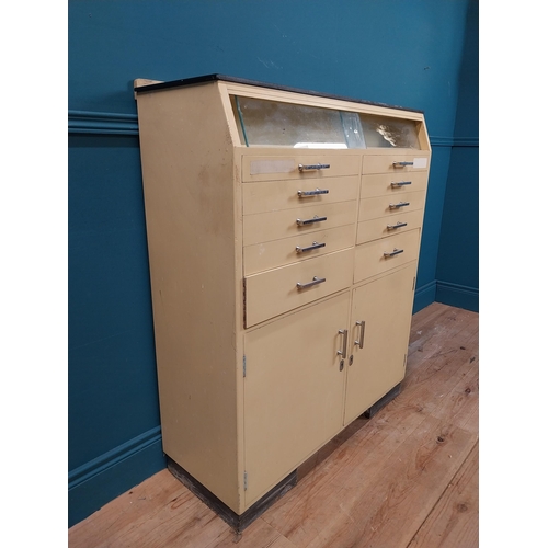 268 - 1950's painted pine Dentist's cabinet with two doors over eight short drawers. {110 cm H x 19 cm W x... 