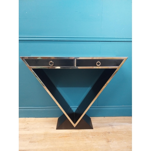 273 - Designer chrome and  ebonised V-shape console table with two drawers in frieze. {80 cm H x 102 cm W ... 