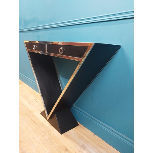 273 - Designer chrome and  ebonised V-shape console table with two drawers in frieze. {80 cm H x 102 cm W ... 