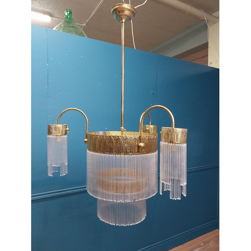 284 - Rare Art Deco brass and glass two tier three branch chandelier with hanging glass rods and leaf deco... 