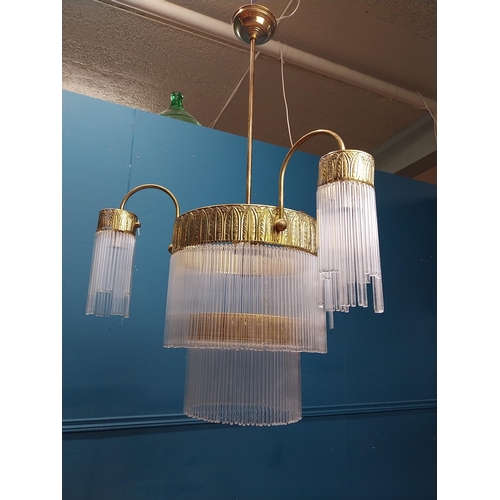 284 - Rare Art Deco brass and glass two tier three branch chandelier with hanging glass rods and leaf deco... 