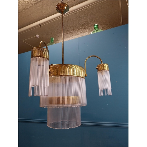 284 - Rare Art Deco brass and glass two tier three branch chandelier with hanging glass rods and leaf deco... 