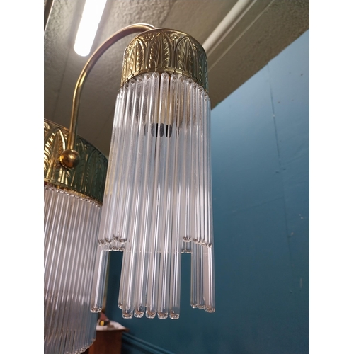 284 - Rare Art Deco brass and glass two tier three branch chandelier with hanging glass rods and leaf deco... 