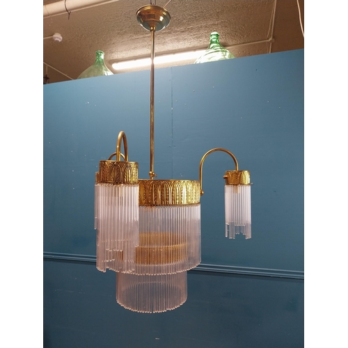 284 - Rare Art Deco brass and glass two tier three branch chandelier with hanging glass rods and leaf deco... 