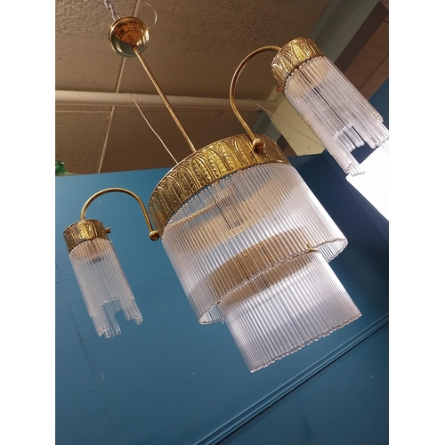 284 - Rare Art Deco brass and glass two tier three branch chandelier with hanging glass rods and leaf deco... 