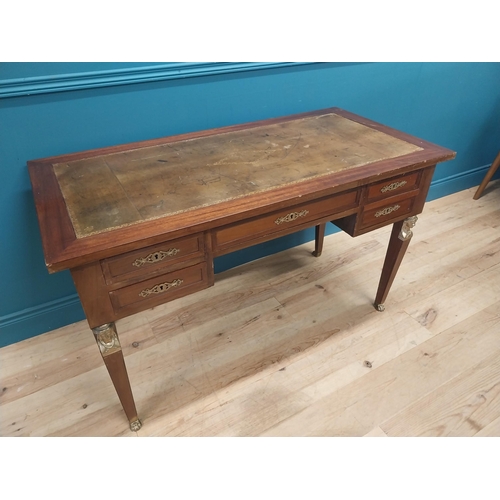 289 - Early 20th C. French mahogany desk with inset tooled leather top with five drawers in frieze in the ... 