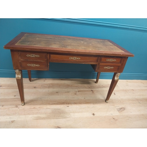 289 - Early 20th C. French mahogany desk with inset tooled leather top with five drawers in frieze in the ... 