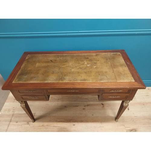 289 - Early 20th C. French mahogany desk with inset tooled leather top with five drawers in frieze in the ... 