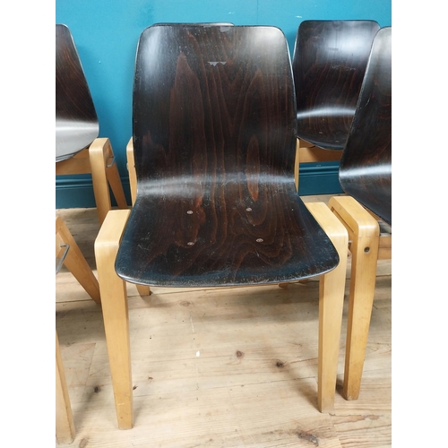 291 - Set of six mid century bentwood stackable chairs. {80 cm H x 56 cm W x 50 cm D}.